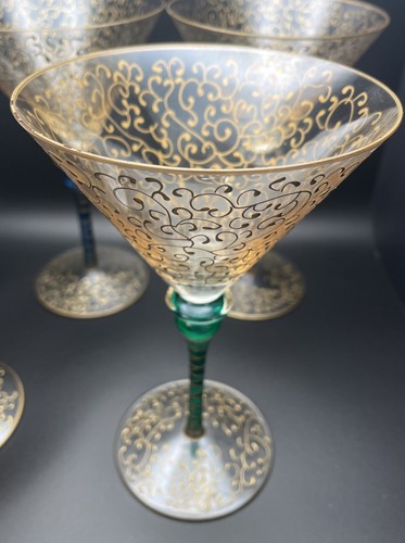 Pier 1 RIOJA Martini Glass Set 4 Gold Filagree Scroll Cocktail Color Stems VTG - Afbeelding 3 van 8
