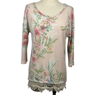 By Design Floral Crochet Lace Hem 3/4 Sleeve Tunic Top Small Cottagecore Boho