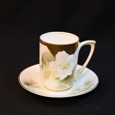 Chocolate Cup & Saucer Set Hand Painted White Azaleas Gold 1910-1945 RS Germany