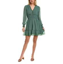 Max Studio Boho Floral Smocked Waist Mini Dress Green Long Sleeve Size M