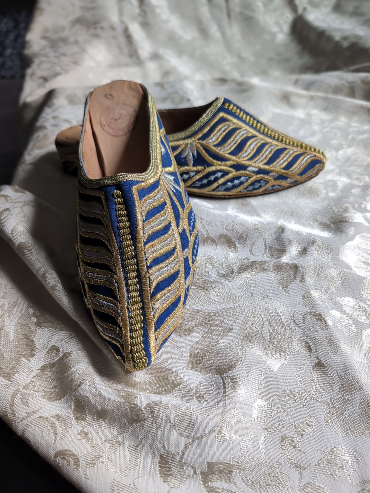 PANTOFOLA D’ORO Scarpe babouche marocchine ciabatte jacquard oro metallizzato blu argento NUOVE