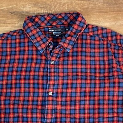 French Connection Shirt Mens XXL Red Blue Plaid Slim Fit Long Sleeve Button Down