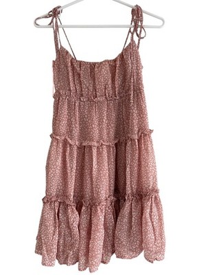forever 21 tiered mini dress Forever 21 Mini Dress Small Printed Sleeveless Tie Strap Tiered Pink White  Swing