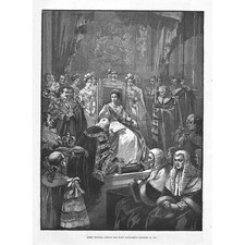 QUEEN VICTORIA Opening her First Parliament 1837 - Antique Print 1887