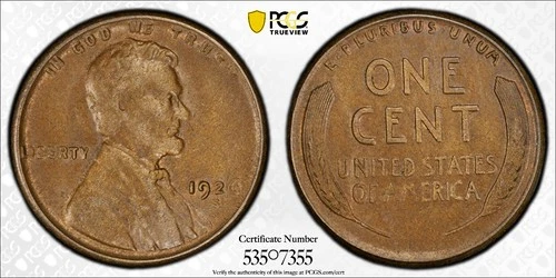 1926-S Lincoln Cent Wheat Reverse graded by PCGS as AU50 BN Semi-key date
