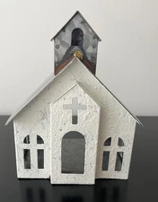 Pottery Barn Galvanized Metal White Village CHURCH TeaLight Votive Candle Holder