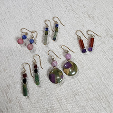 Earthy Natural Stone Dangle Earrings Gold Plate Hooks Garnet Tourmaline Lot of 5
