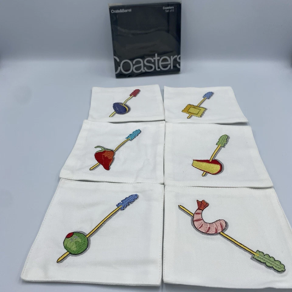 Crate & Barrel Tidbits Appetizer Coasters Cotton Embroidered Set 6 Fruit Cheese - Image 4 of 4