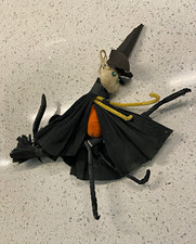 Vintage Handmade crepe paper Halloween Witch on broom cat Figurine Black