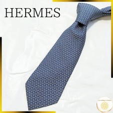 HERMES Tie Silk Blue H Pattern Blue Business Suit Wedding Entrance Ceremony
