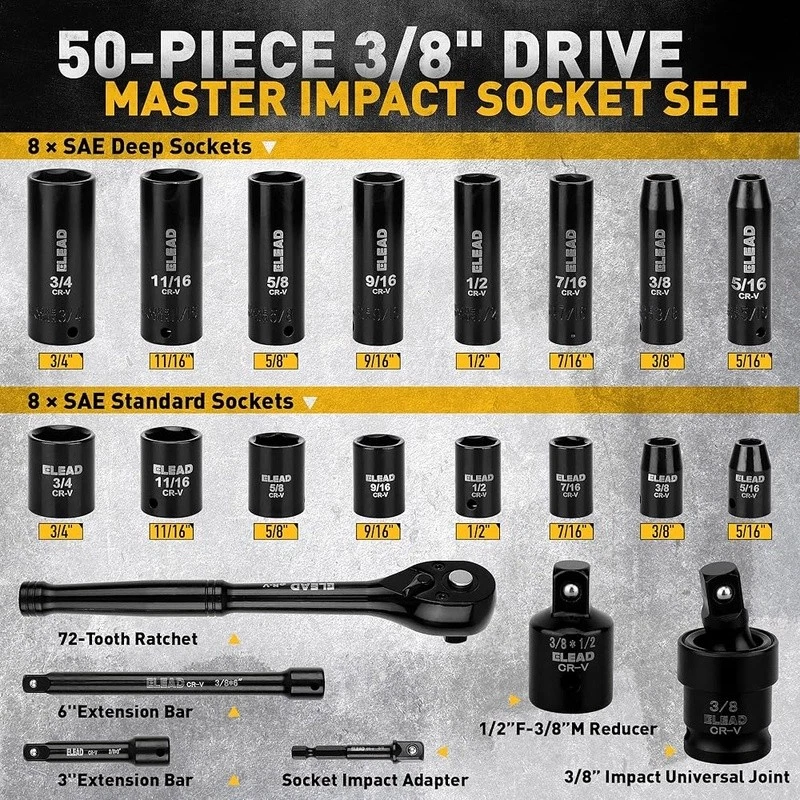 3/8'' Drive Impact Socket Set Shallow & Deep Socket Set Metric & Standard Full - Image 4 of 4