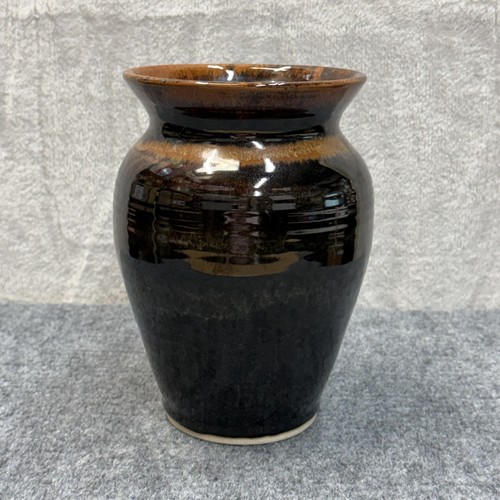 Art Pottery Ceramic Vase Black 8 In Drip Glaze Handmade Signed High Gloss Rustic