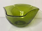 Vintage 60s MCM Large Avocado Green Glass Salad Serving Bowl Crimped Folded Edge