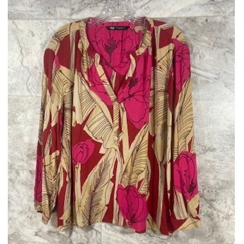 ZARA Floral Print Long Sleeve V Neck Button Front Blouse Top Women's Size M Pink