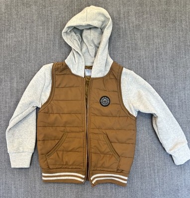 Free Planet Toddler Boys Hooded Puffer Jacket Brown Gray Size 4 (No Zipper)
