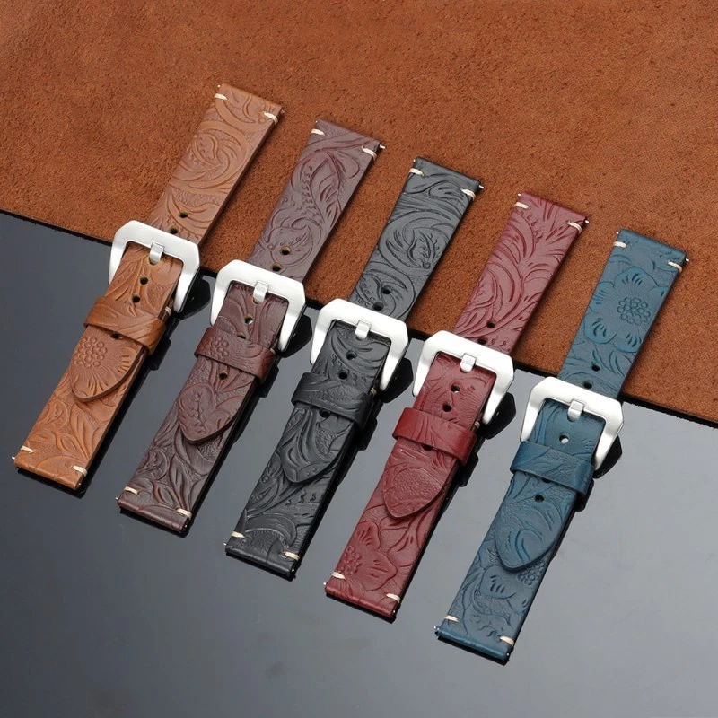 Quality Quick Release Embossed Genuine Leather Watch Band Straps Mens 20 22mm