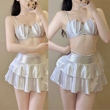 3PCS Women Two Pieces Swimming Costume Set with Ruffled Swimsuit Wrap