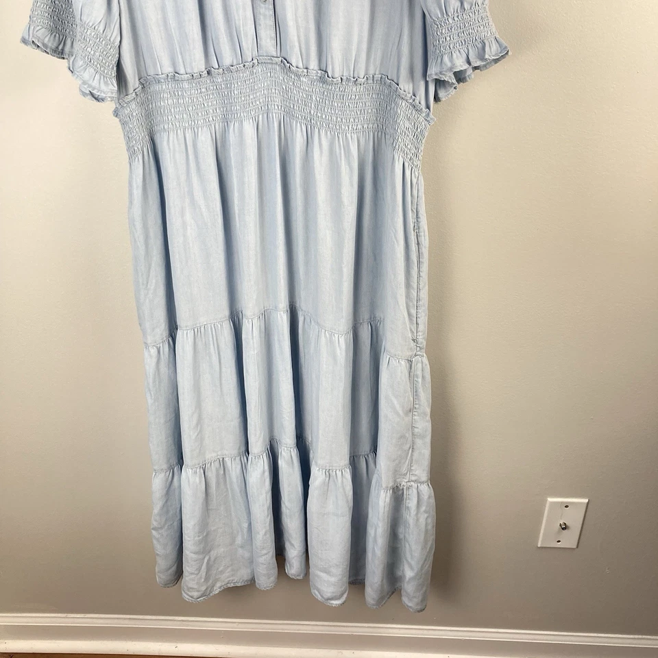 Caslon Maxi Dress Denim Blue Button Front Tiered Long Pockets Smocked Size 1X - image 3 of 4