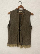 Vintage 1970 s Woolrich Herringbone 100 Virgin Wool Fringed Vest Boho Hippie Si