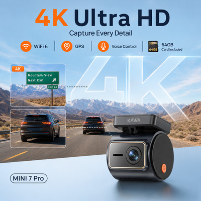 KAWA 4K Mini 7 Pro Dash Cam Front with 3D DNG, Voice Control, Stealth Display