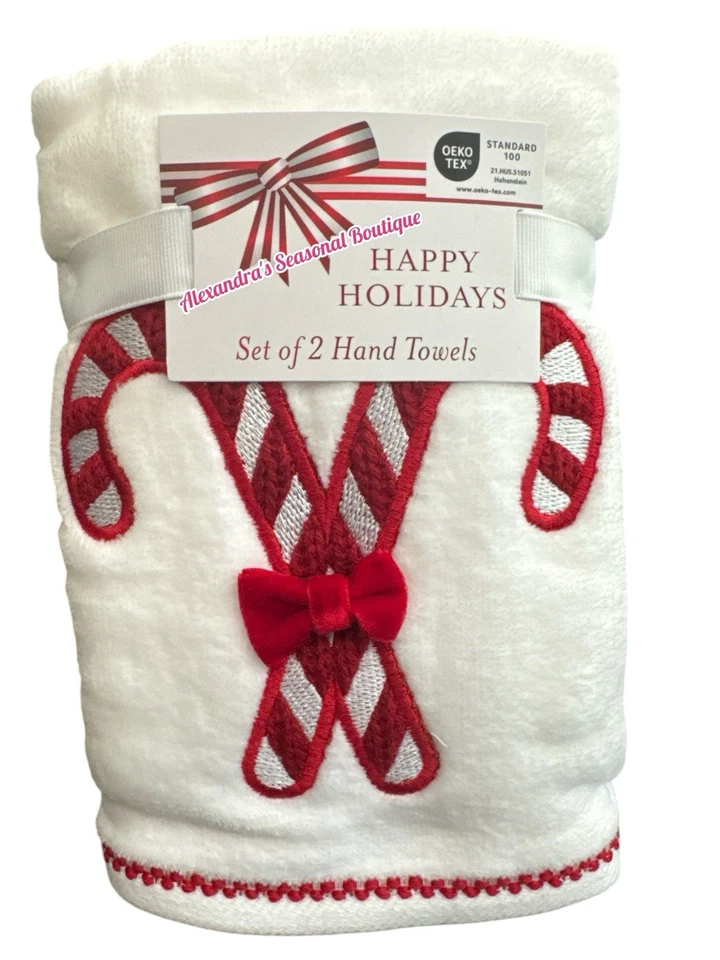 Conjunto de 2 toalhas de mão de Natal hortelã-pimenta doce bengala arco 100% algodão novo - Imagem 3 de 4