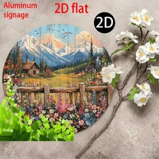 Alpine Wildflower Fence Mountain View Round Metal Decoration