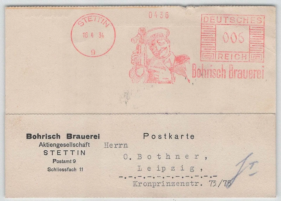 D. Reich Freistempel-Beleg STETTIN 1934 Bohrisch Brauerei [533] - Bild 1 von 2