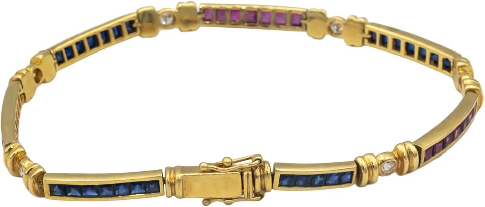 Designer 18k Yellow Gold Diamond Ruby Sapphire Tennis Bracelet 5.49CT - Image 4 of 4