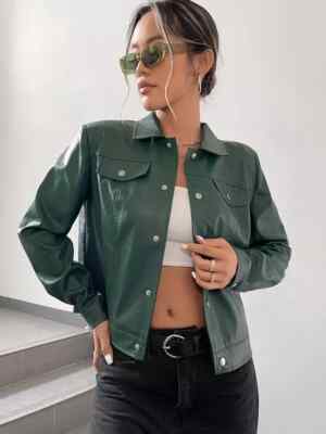 Green Handmade Lambskin Casual Genuine Women Soft Stylish Leather Formal Shirt
