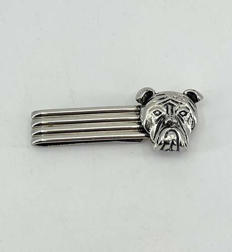 vintage Bulldog Tie bar slip on style small silver tone black enamel 1-7/8" - 第 1/10 張圖片
