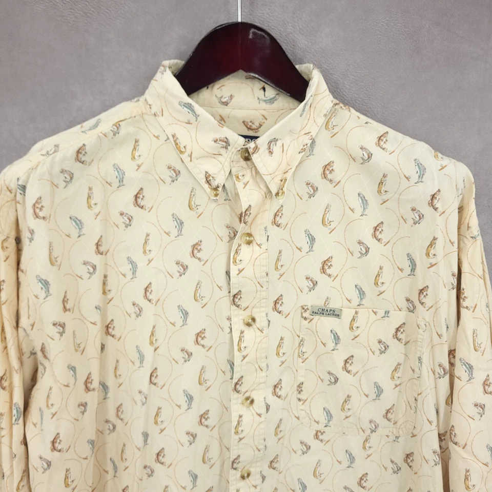 Camisa Chaps Ralph Lauren Para Hombres Grande Beige Lubina de Pesca Estampado Completo De Colección Foto 3 de 4