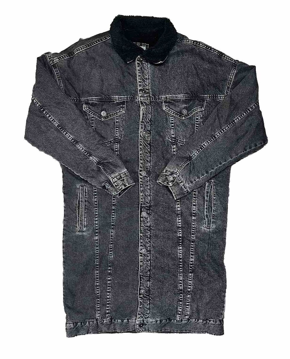 Zara Man Fur Lined Mens Black Denim Trench Coat Size Large Stone