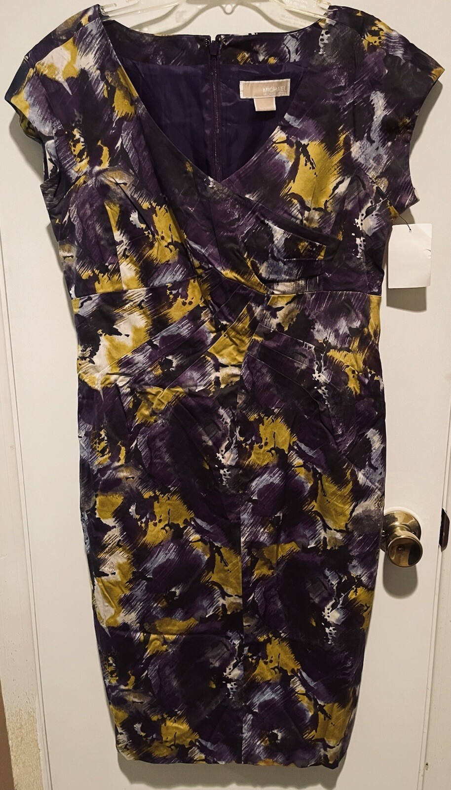 Vestido Vaina MICHAEL MICHAEL KORS Estampado Abstracto Sin Mangas Púrpura Amarillo Talla 10