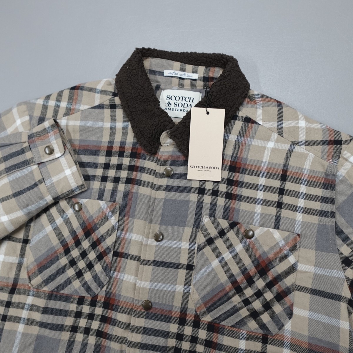 Scotch & Soda Men's Sherpa Lined Plaid Flannel Jacket Mocha