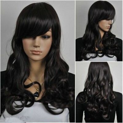 100% Real hair! New Elegant Women Tousled Long Dark Brown Wavy