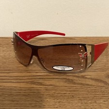 Silver And Red Sunglasses With Rhinestones And Butterflies
