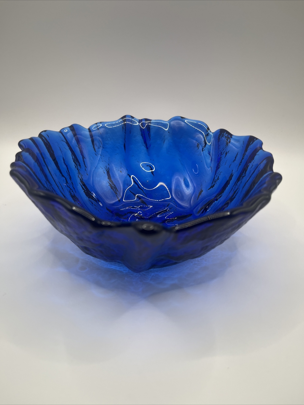 Vintage Blenko Glass Cabbage Leaf Bowl in Cobalt Blue Glass Original