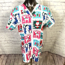UA Scrubs Size Large White Santa Cluas Snowman Christmas V Neck Pockets Scrub