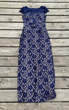 Eliza J Lace Cap Sleeve Keyhole Back Navy Evening Gown | Size 8