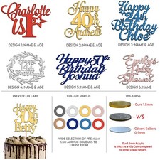 Happy Birthday Acrylic Mirror Cake Topper Personalised Any Name Age 1st 40th UK