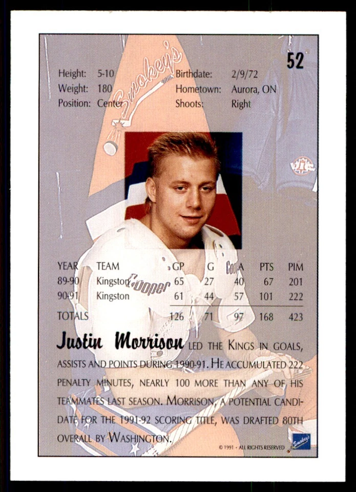 1991-92 Ultimate Draft Justin Morrison Washington Capitals #52 - Image 2 of 2