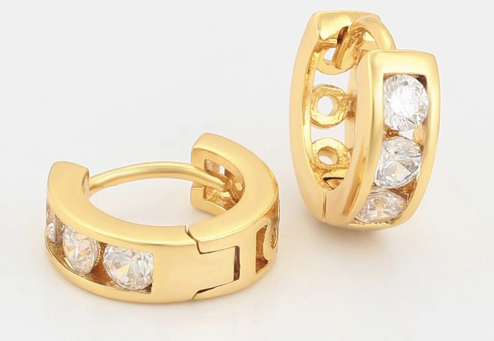 Серьги-кольца из желтого золота 24 карата для девочек с 3 камнями фианитами кубический цирконий - Изображение 2 из 3