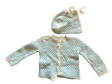 Vint. handmade 1950's-60's Light blue Baby Girl 6-9 months Button Jacket, Bonnet