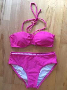 She Damen Bikini Set Bandeau Neckholder Oberteil Hose Hoch Pink Rosa Uni 38 Top Ebay