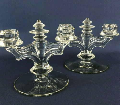 Vintage Tiffin Glass Co. clear pressed glass candle holders FUCHSIA 1937 - 1940 - Picture 5 of 6