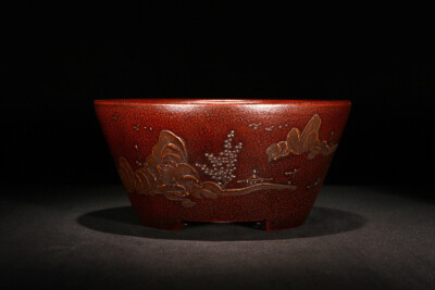 8.7in Chinese Antique Landscape Yixing Zisha Flower Pot, Handmade Bonsai Decor