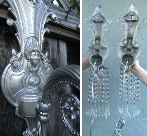 ¡¡OFERTA!! Par de Apliques Vintage Plateado Latón Cascada Cristal Lámpara Cara Gótica St - Imagen 4 de 13