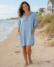 Velvet Heart XL Chambray Dress Blue Pockets Roll Tab Sleeves Boho Y2K