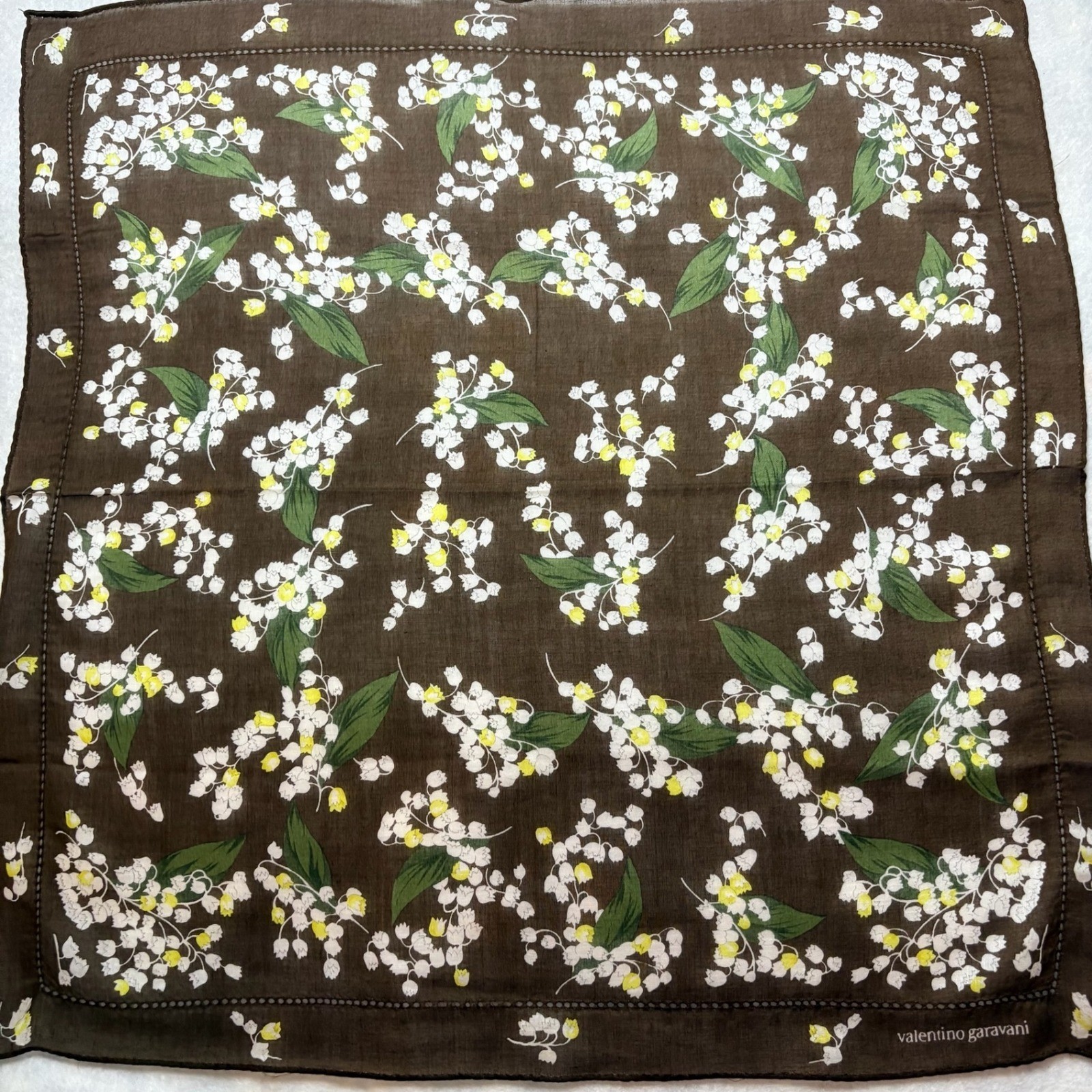 Vtg VALENTINO GARAVANI Scarf Handkerchief Lily of the Valley Cotton Brown 17