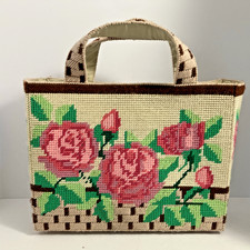 60s VTG Needlepoint Pink Roses Purse Tote Double Sided w Closure/ Wood Ball Feet